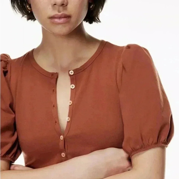 Wilfred Top Puff Sleeve Aritzia Blouse Billow Size XS Like New Warm Brown Coffee - Picture 3 of 11